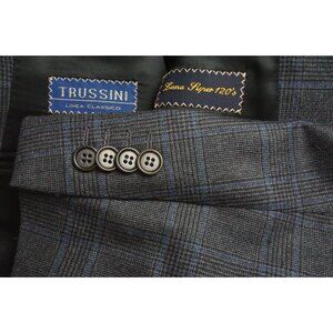 Trussini Gray Blue Plaid S120s Wool Sport Coat Jacket Sz 40